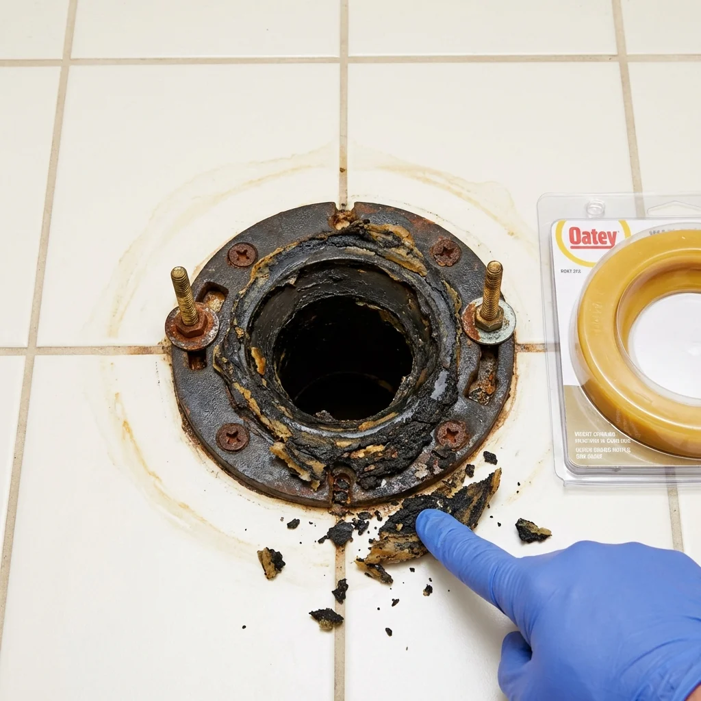 Failed wax ring showing water seepage at the base of a toilet in a Laurel, DE home
